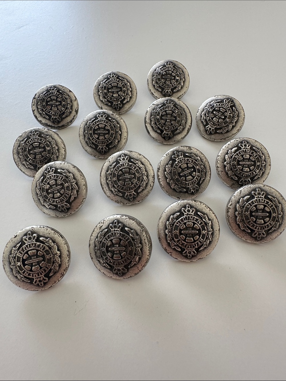 Antique Silver 15 Pcs 9/16” (15mm) Shank Crest Decorative Buttons - Set of 15
